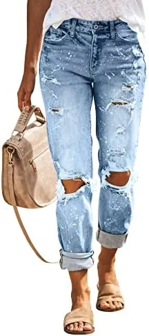 kunmi womens ripped mid waisted boyfriend jeans loose fit distressed stretchy denim pants 1009 blue large